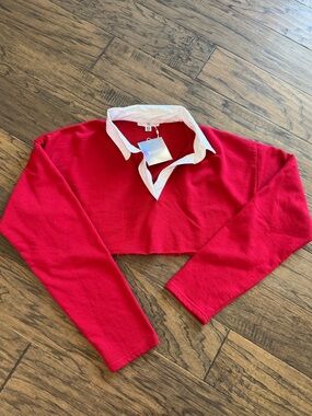 Missguided + Red Cropped Rugby Polo Top with White Collar